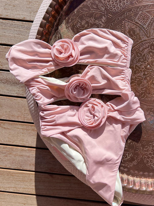 Pink Flower High Cut One Piece Bikini Swimsuit