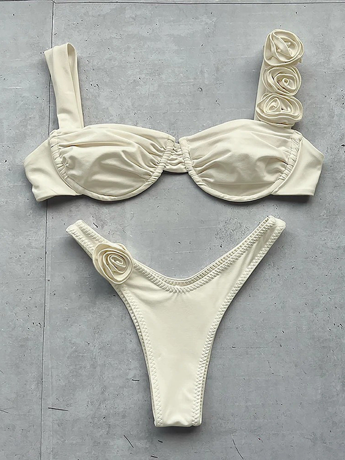 Beige Flower Bikini TOP + THONG BOTTOM