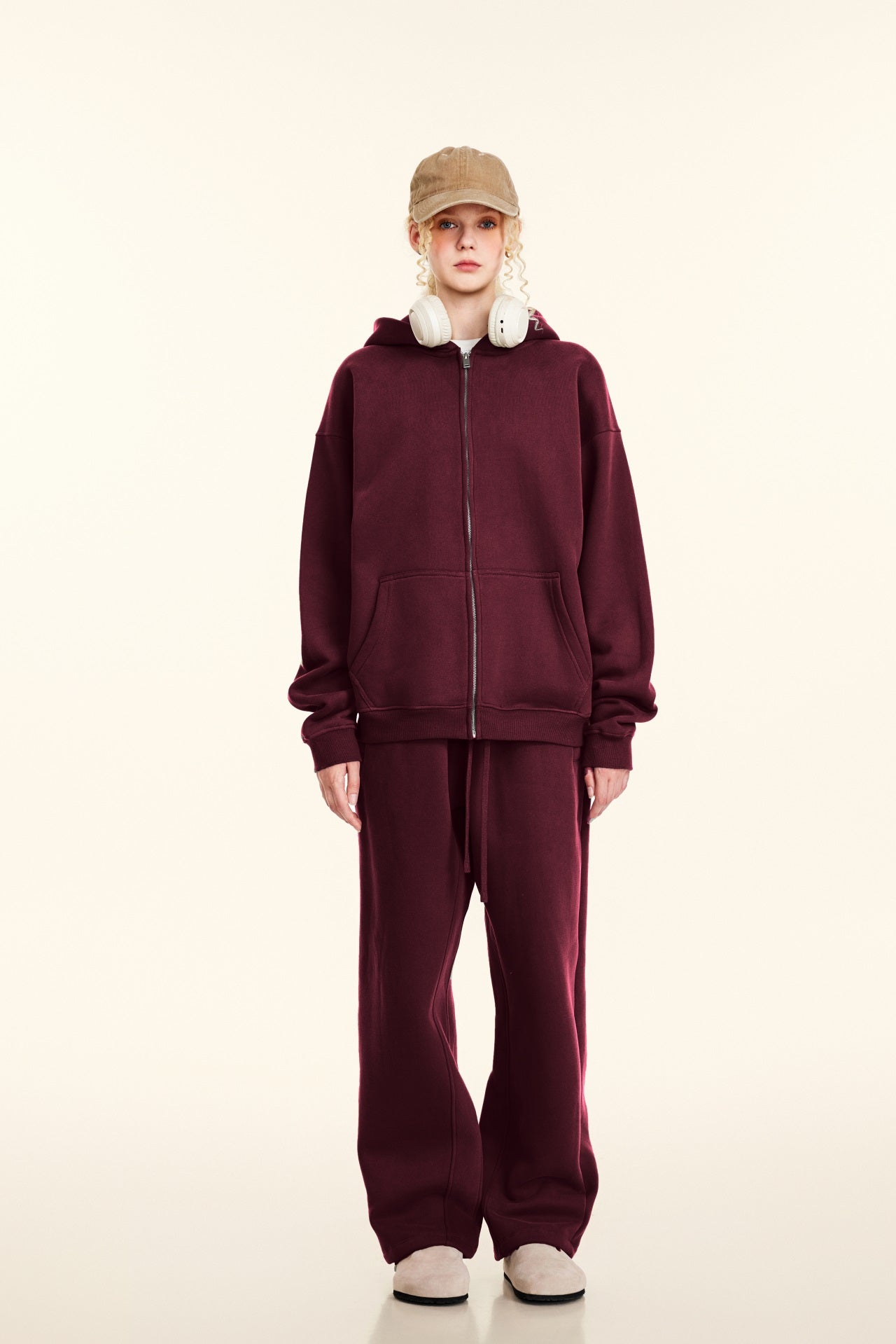 Oversize Hooded Sweatshirt Jacket - Burgundy