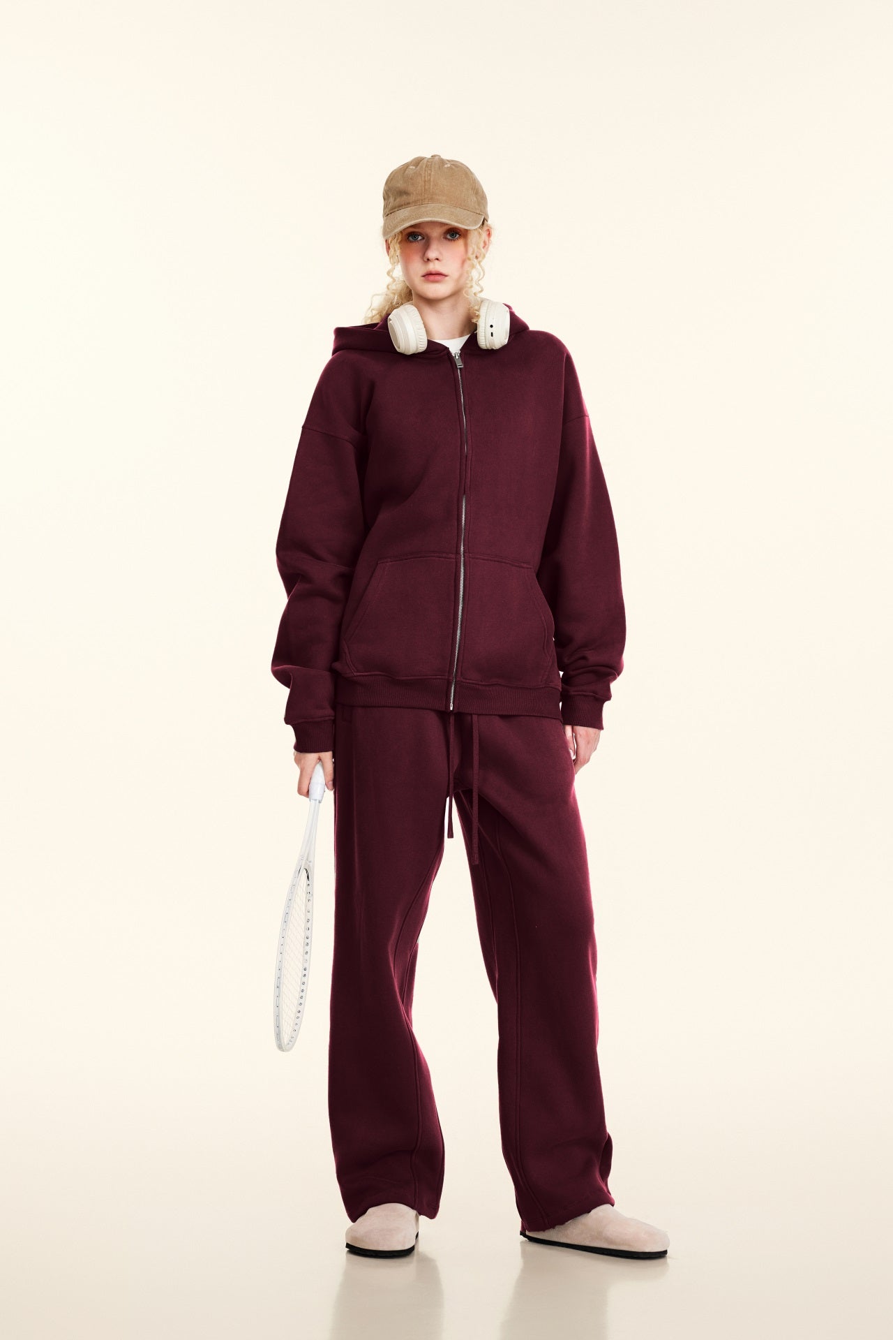 Oversize Hooded Sweatshirt Jacket - Burgundy