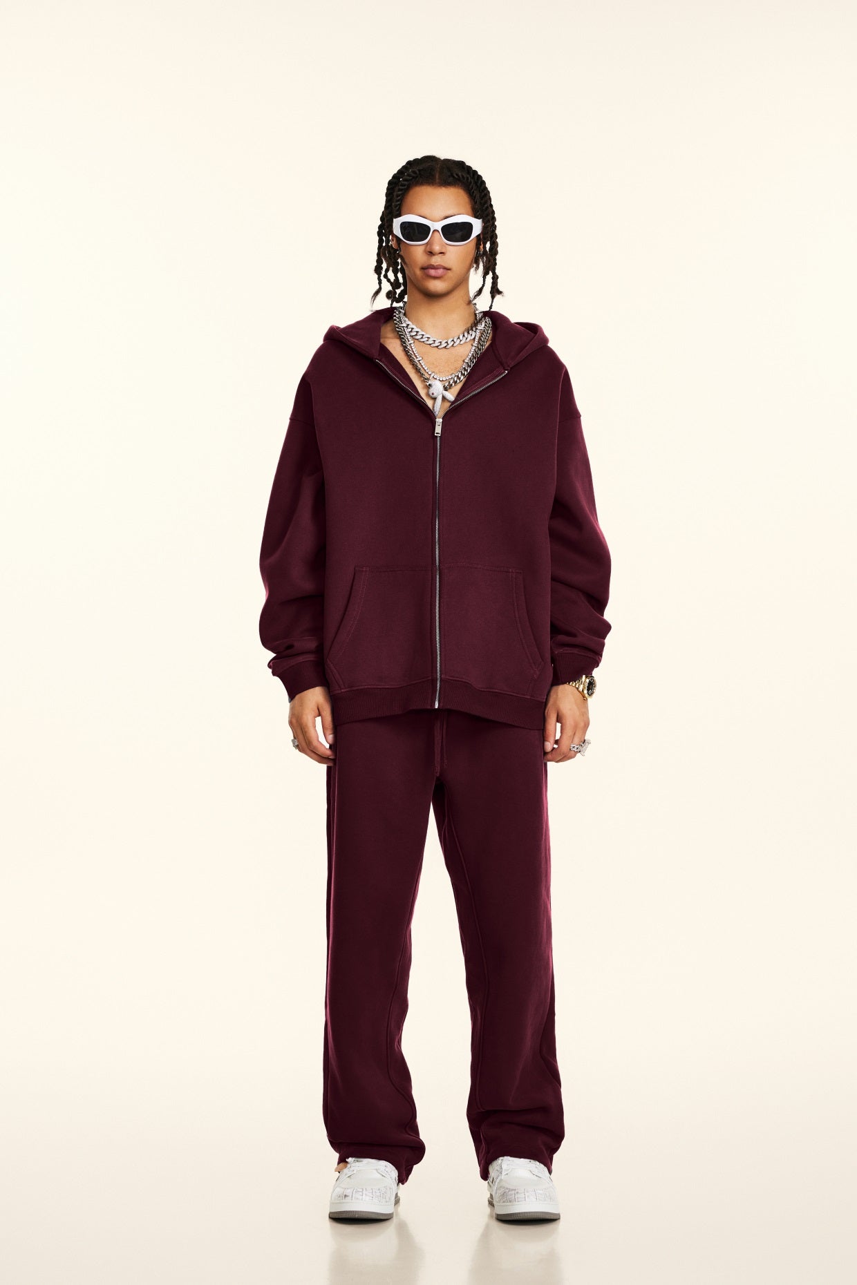 Oversize Hooded Sweatshirt Jacket - Burgundy