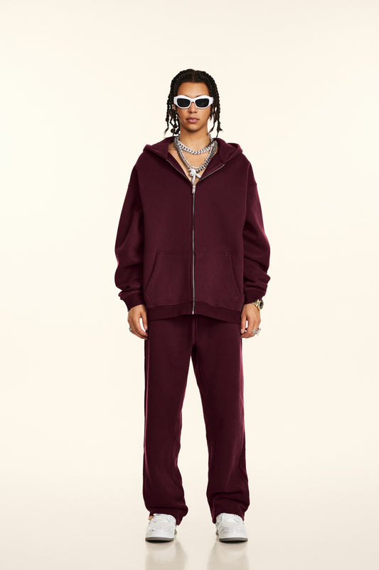 Oversize Zip Up Hooded Set - Burgundy