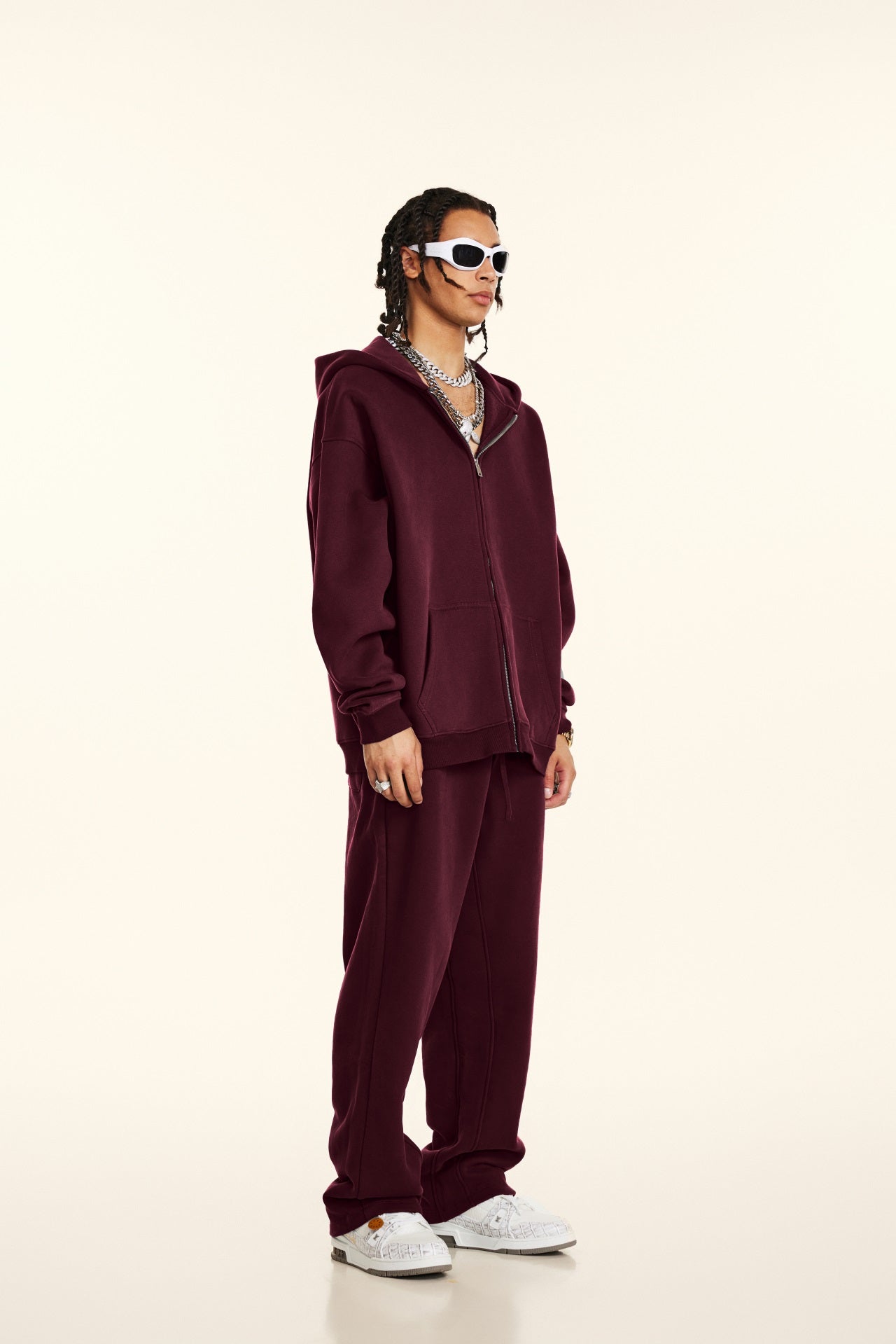 Oversize Zip Up Hooded Set - Burgundy