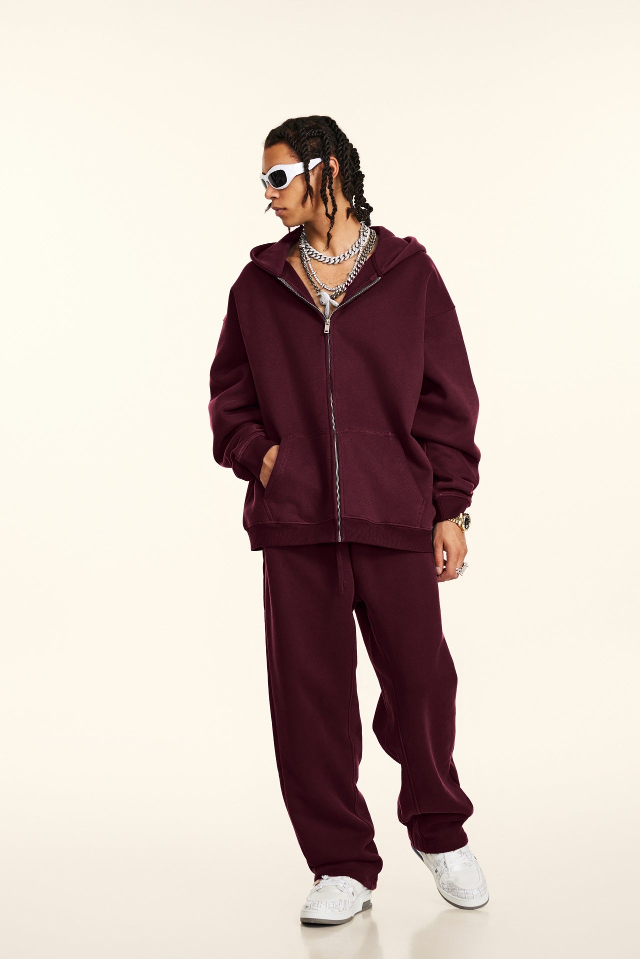 Oversize Hooded Sweatshirt Jacket - Burgundy