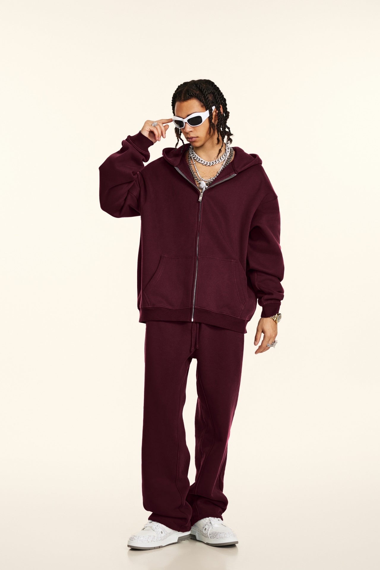 Oversize Hooded Sweatshirt Jacket - Burgundy