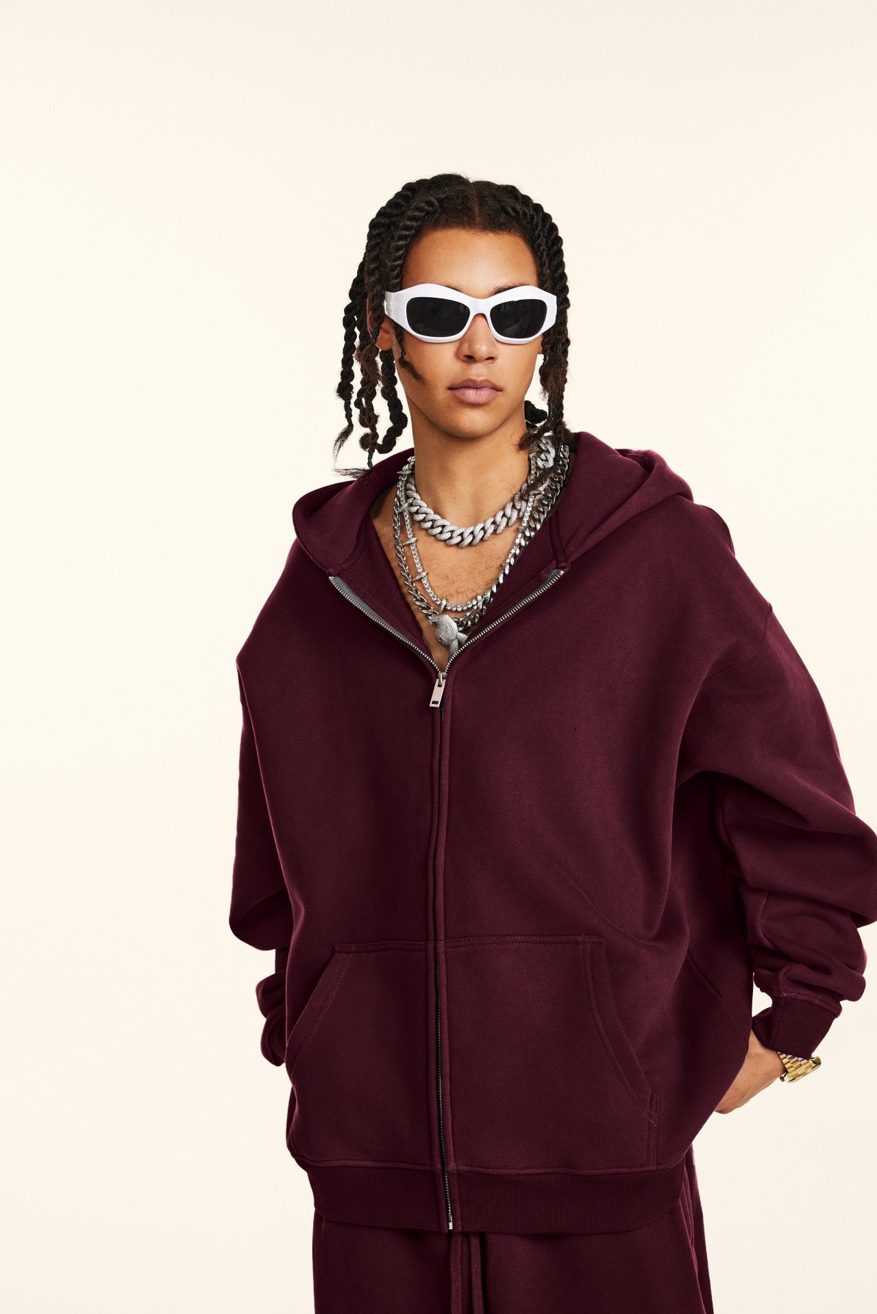 Oversize Hooded Sweatshirt Jacket - Burgundy