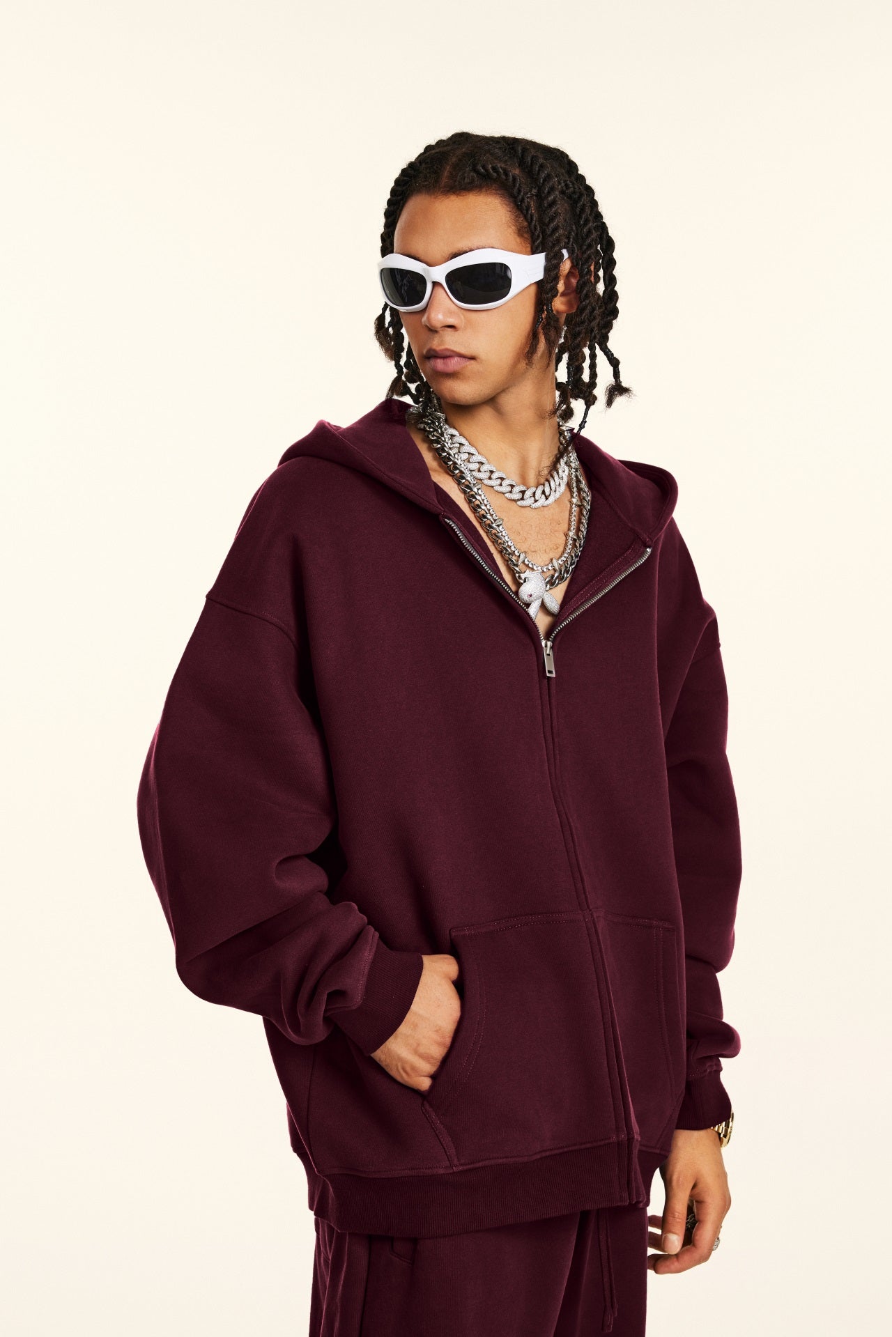 Oversize Hooded Sweatshirt Jacket - Burgundy