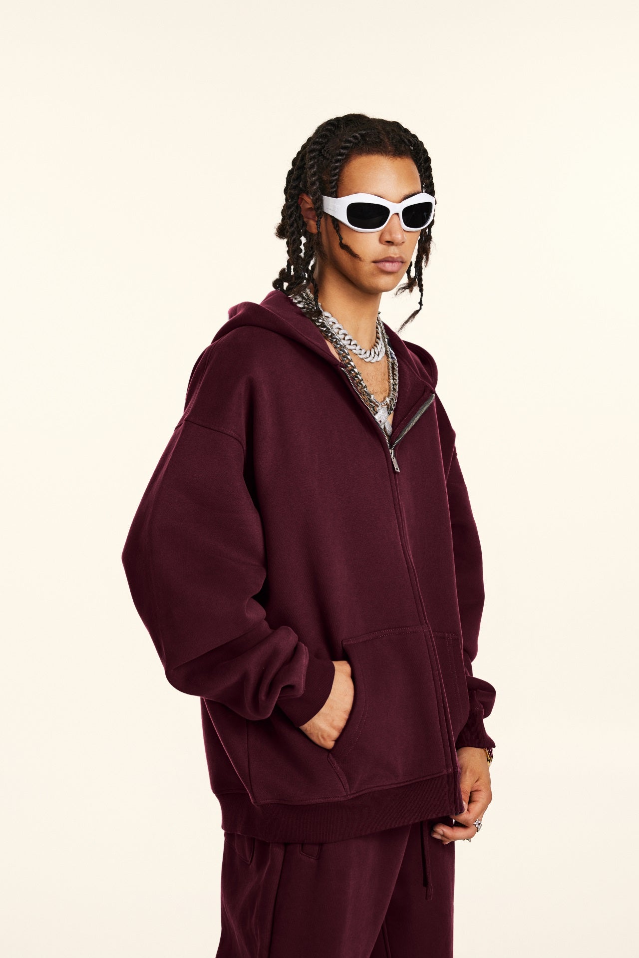 Oversize Hooded Sweatshirt Jacket - Burgundy