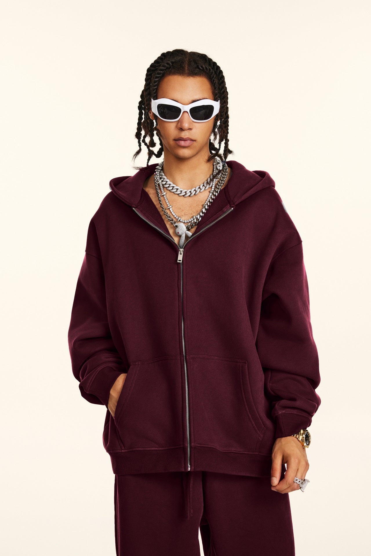 Oversize Hooded Sweatshirt Jacket - Burgundy