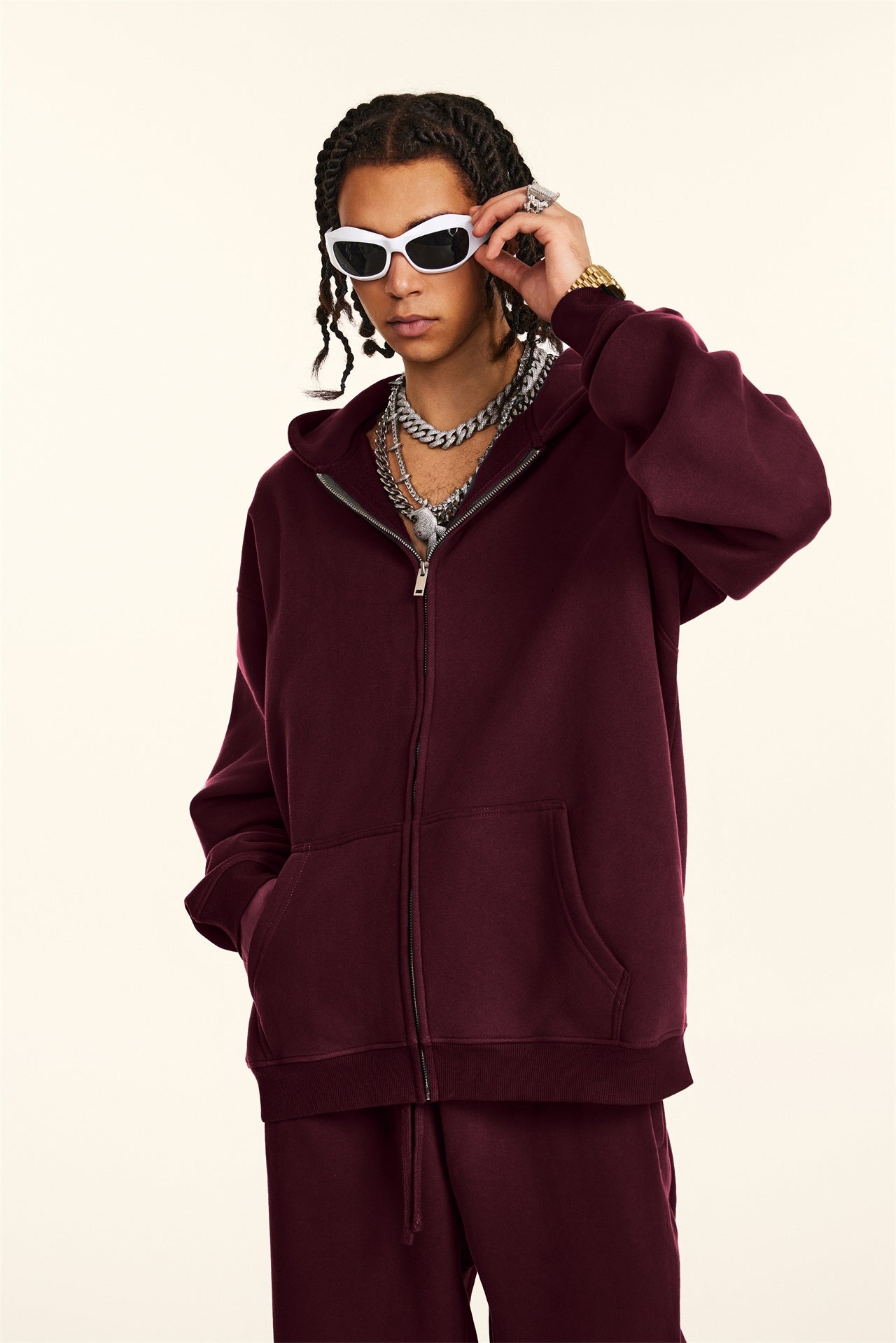 Oversize Hooded Sweatshirt Jacket - Burgundy