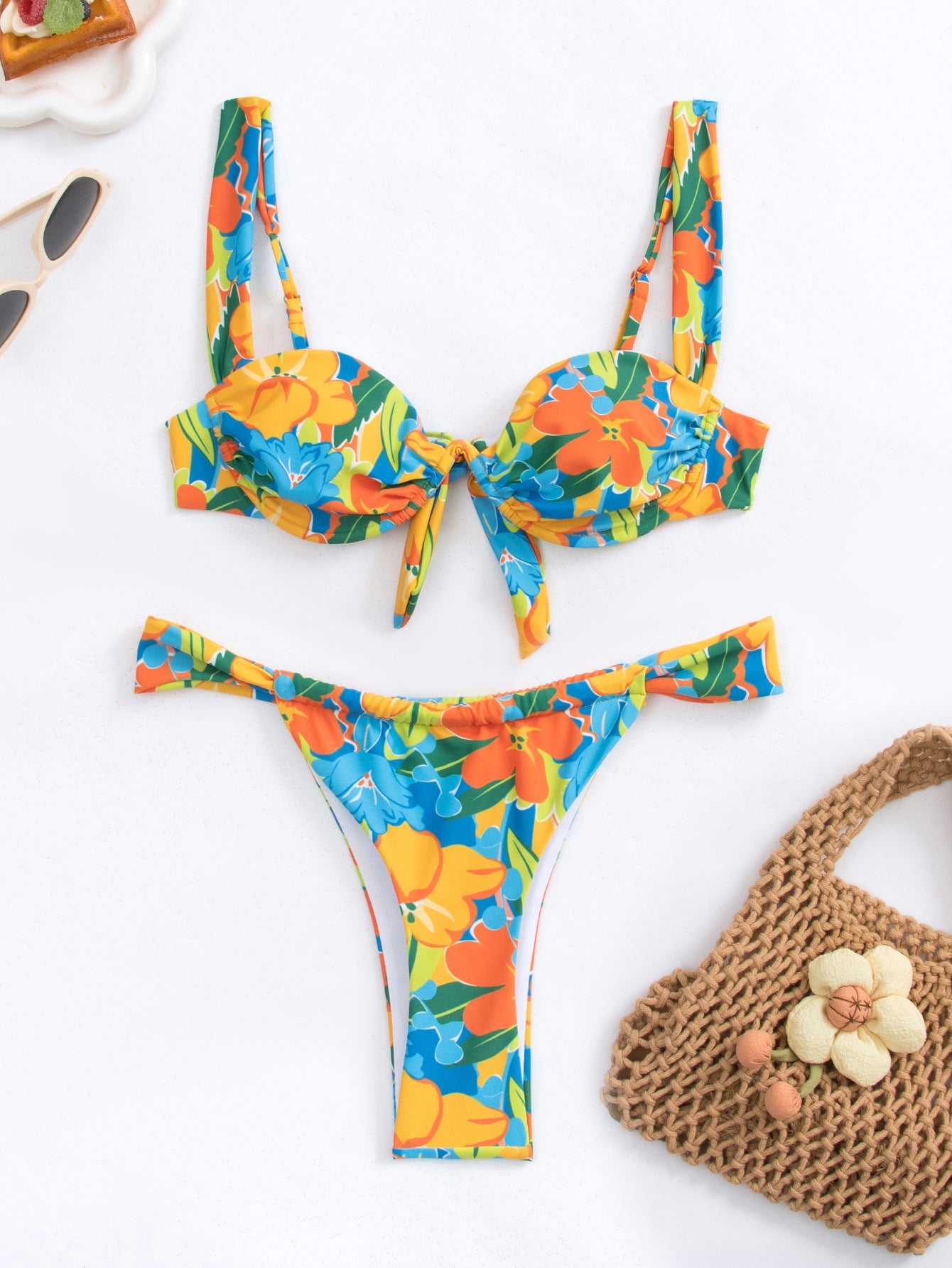 Flower Print Push Up Bikini Swimsuit + Thong Bottom