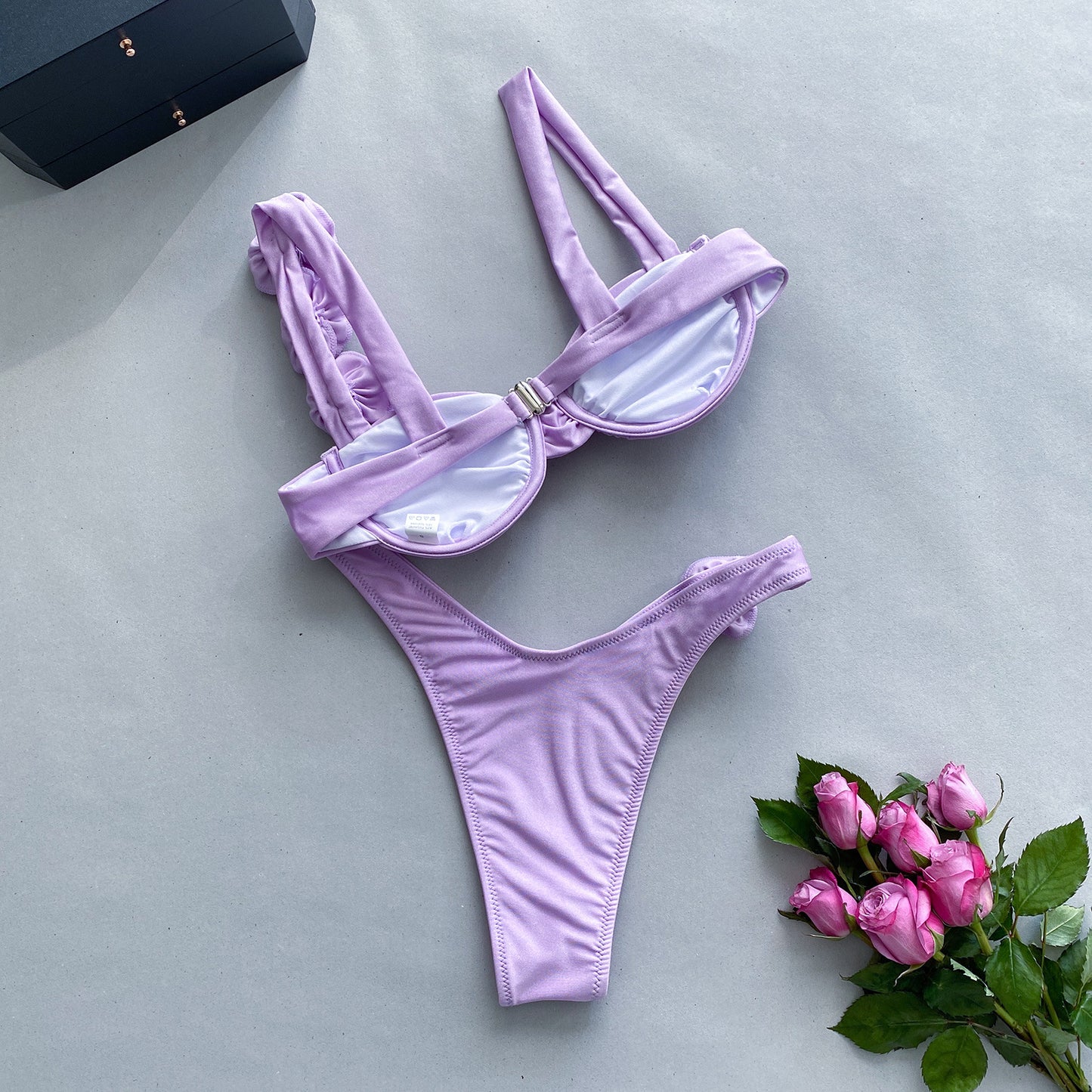 Purple Glossy Flower Bikini TOP + THONG BOTTOM