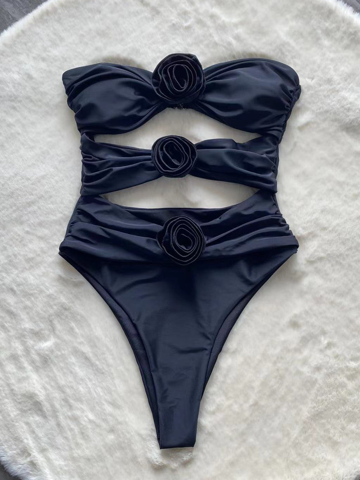 Black Flower High Cut One Piece Bikini Swimsuit