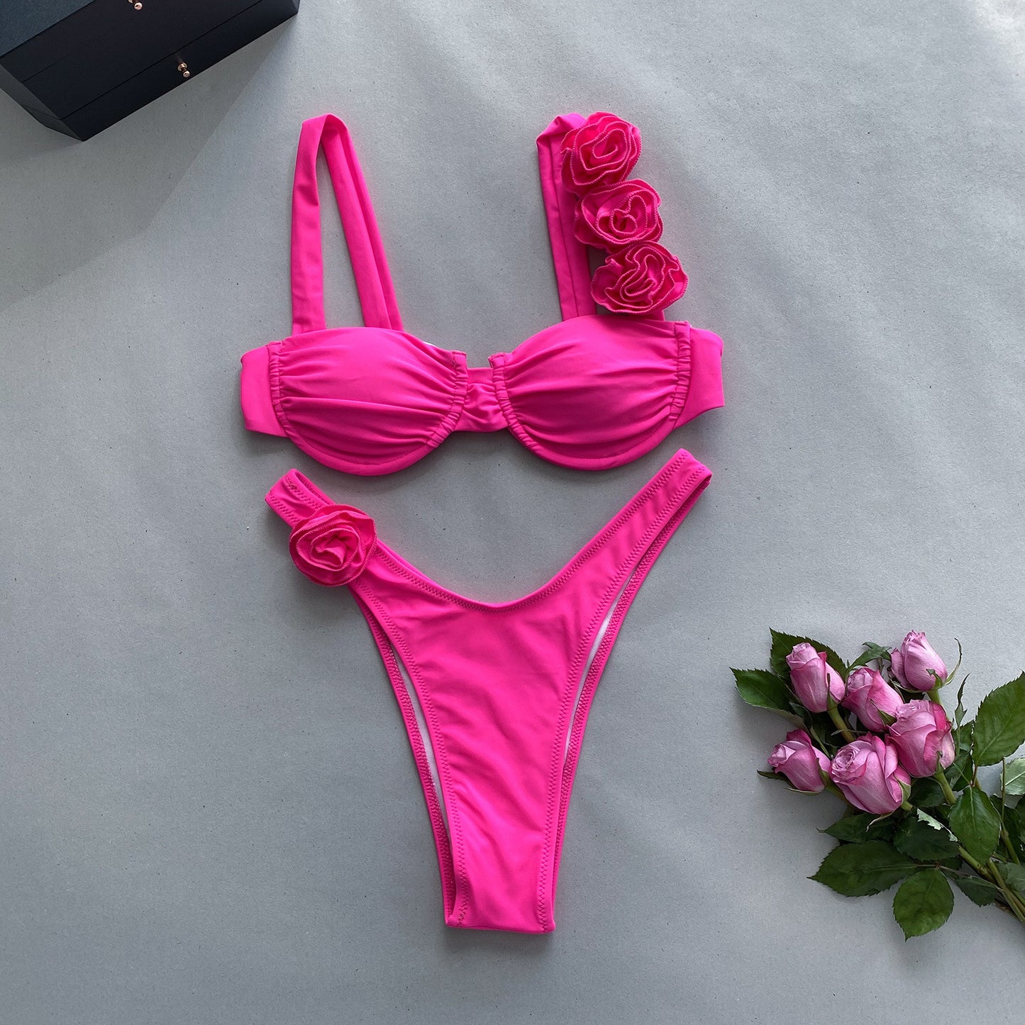 Rose Red Flower Bikini TOP + THONG BOTTOM